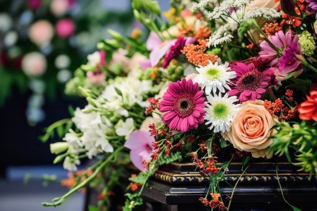 A flower arrangement on a coffin at a funeral